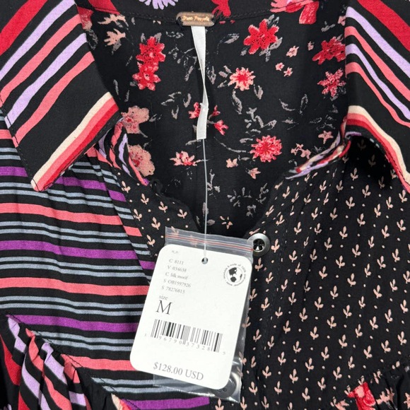 Free People Hazel Buttondown Top Medium New Black Floral Stripe Mixed Print Boho - Picture 5 of 7